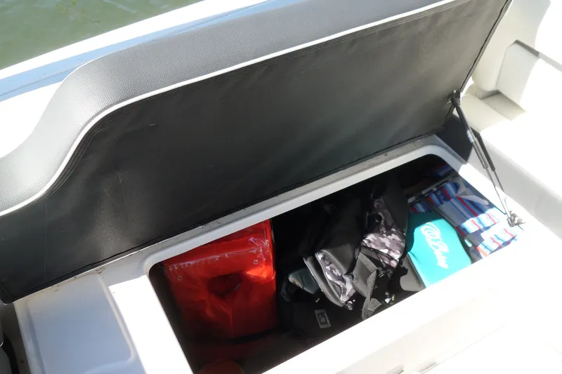 Slide: The Image of Open storage compartment in a 2020 Regal LS6 boat, containing various items. - 28