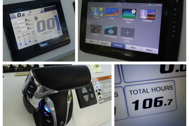 Slide: The Image of Yamaha and Garmin displays on 2021 Sea Fox 248 Commander boat dashboard, showing 106.7 hours. - 15