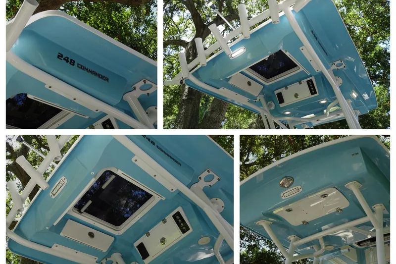 Slide: The Image of 2021 Sea Fox 248 Commander boat, blue exterior, detailed view of the top structure. - 13