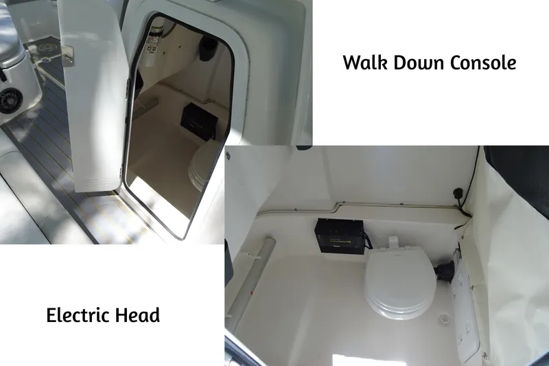 Slide: The Image of 2021 Sea Fox 248 Commander walk-down console with electric head interior view. - 19