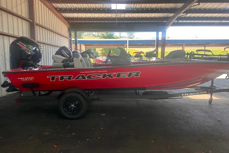 The Image of Red 2027 Tracker Pro Team 190 boat in a covered storage area. - 0