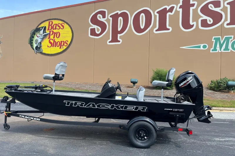 The Image of 2027 Tracker Pro 170 boat displayed outside Bass Pro Shops. - 0
