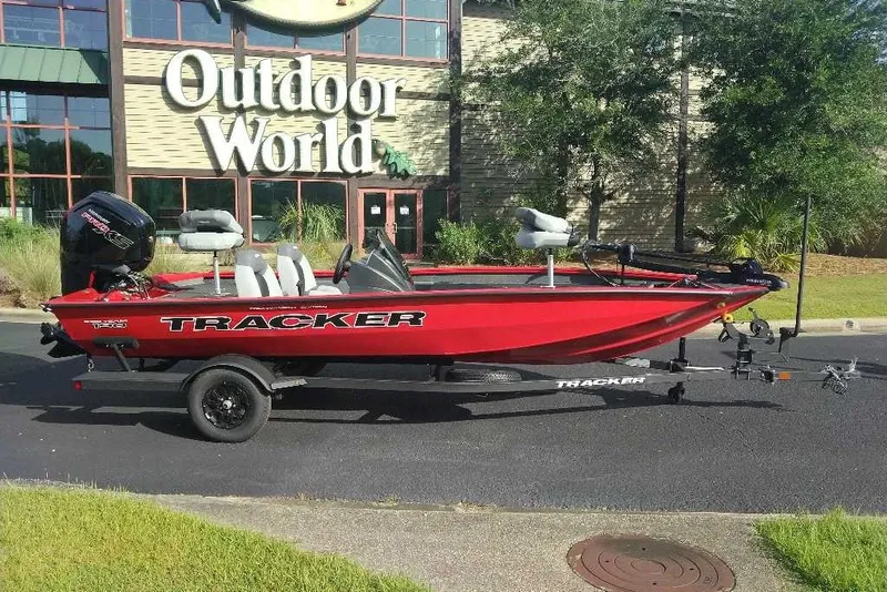 The Image of 2027 Tracker Pro Team 190 boat in red, parked outside Outdoor World. - 0