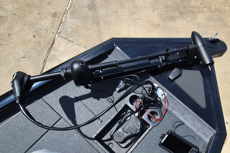 Slide: The Image of Trolling motor setup on 2027 Tracker Pro Team 195 boat deck. - 13