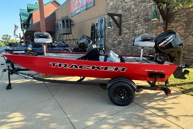 The Image of 2027 Tracker Pro 170 boat in red, parked outdoors on a sunny day. - 0