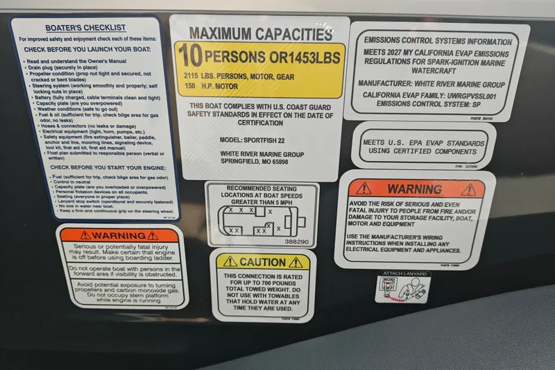 Slide: The Image of Safety and capacity labels on a 2027 Sun Tracker SportFish 22 DLX boat. - 17