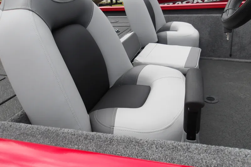 Slide: The Image of 2027 Tracker Pro Team 195 boat interior with gray and black seating. - 15