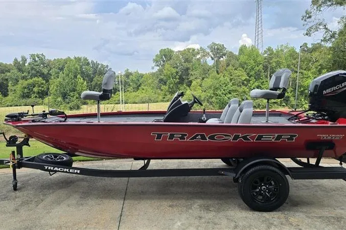 The Image of 2027 Tracker Pro Team 195 boat on trailer, red exterior, parked outdoors. - 0