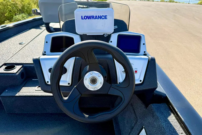 Slide: The Image of Steering console of 2027 Tracker Pro Team 190 boat with Lowrance electronics. - 13