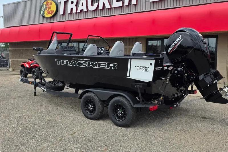 Slide: The Image of 2027 Tracker Targa V-18 Combo boat on trailer outside Bass Pro Shops. - 40