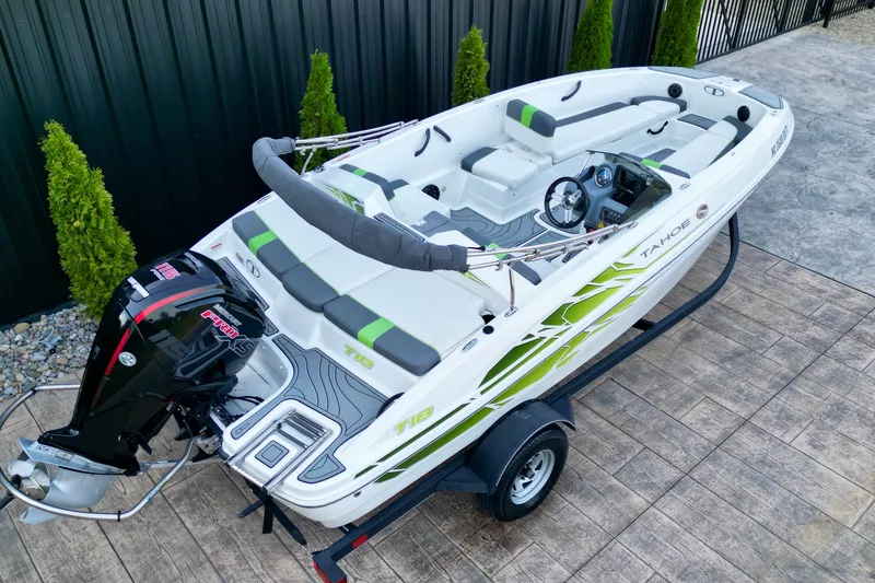 Slide: The Image of 2022 Tahoe T18 boat on trailer, featuring sleek design and modern outboard motor. - 8