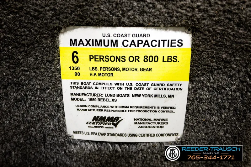 Slide: The Image of 2017 Lund 1650 Rebel XS SS capacity label, 6 persons or 800 lbs, 90 HP motor. - 46