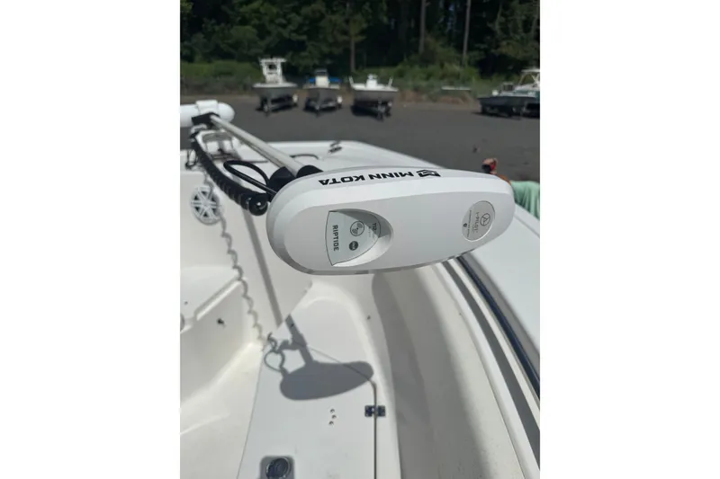 Slide: The Image of Minn Kota Riptide trolling motor on 2021 Tidewater 220 LXF boat deck. - 9