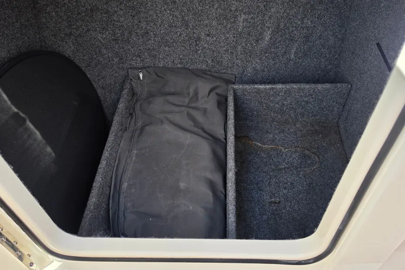 Slide: The Image of 2023 Formula 290 Bowrider storage compartment with carpeted interior and protective cover. - 51