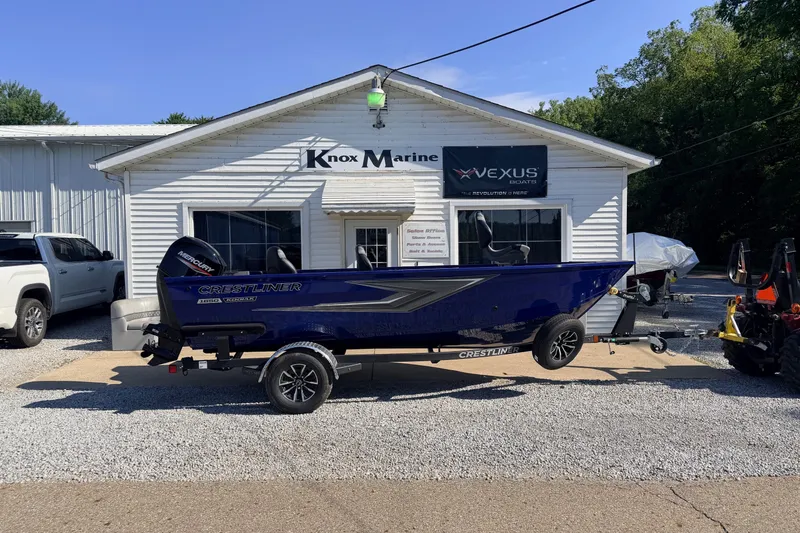 The Image of 2027 Crestliner 1650 Kodiak Tiller boat on trailer outside Knox Marine dealership. - 1