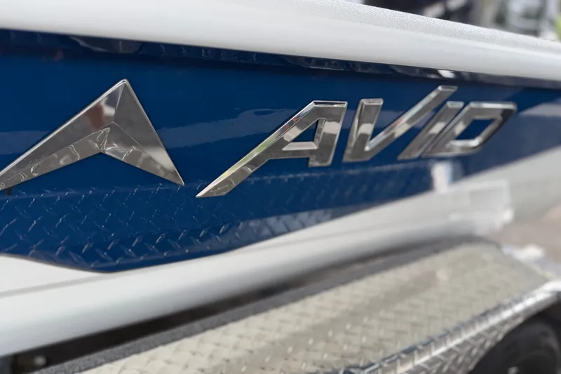 Slide: The Image of Close-up of 2027 Avid 21 FSX boat logo on blue hull. - 20