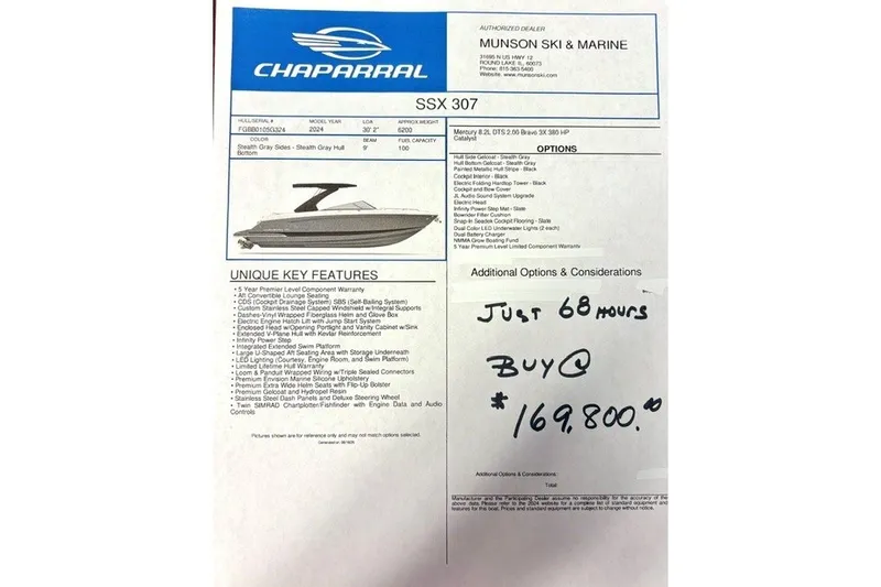The Image of 2024 Chaparral 307 SSX boat listing with features and pricing details. - 0
