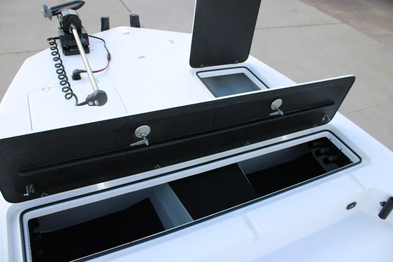 Slide: The Image of Open storage compartments on a 2026 Mamba 24 Cat Elite boat deck. - 14