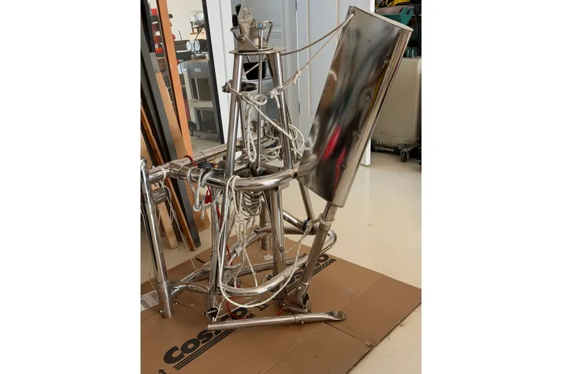 Slide: The Image of Stainless steel sailboat rigging for 1997 Hallberg-Rassy 42F, displayed indoors. - 92
