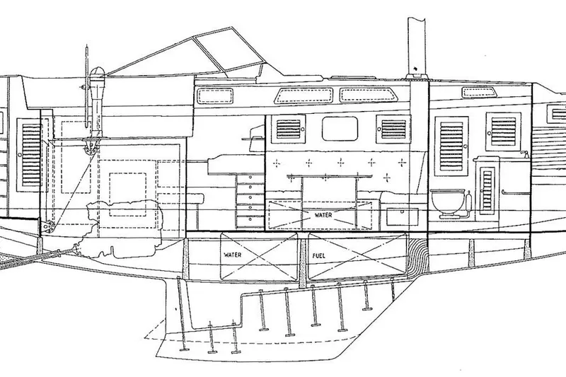 Slide: The Image of Blueprint of a 1997 Hallberg-Rassy 42F sailboat, showcasing interior layout and compartments. - 100
