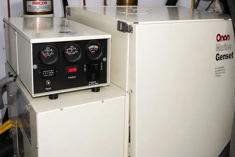 Slide: The Image of Onan Marine Genset in 1988 Angel 45 AFT CABIN MV, featuring control panel and voltage gauges. - 29
