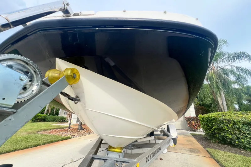 Slide: The Image of 2017 Bayliner 190 Deck Boat on trailer, parked outdoors with lush greenery. - 9