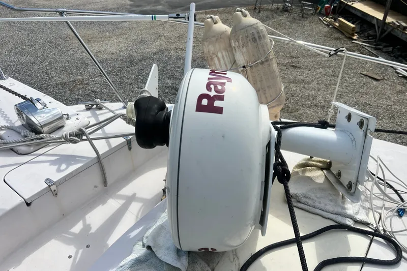 Slide: The Image of Radar equipment on a 1996 Grady-White Marlin 300 boat deck. - 15