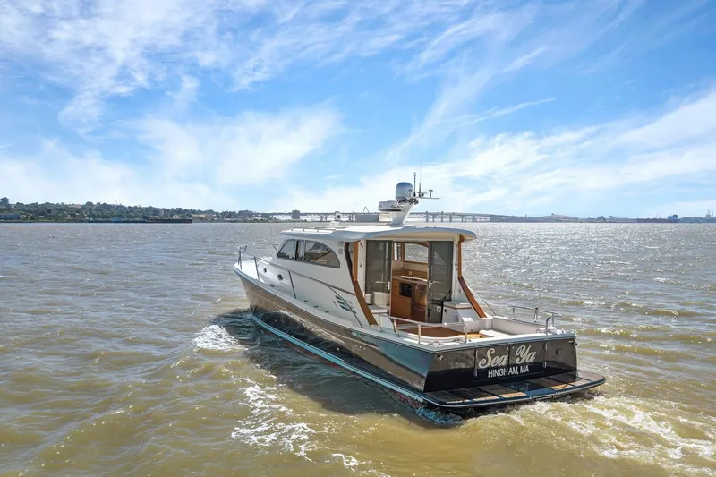 Slide: The Image of 2009 Rivolta Coupe 4.5 yacht cruising on a sunny day, with scenic waterway backdrop. - 20