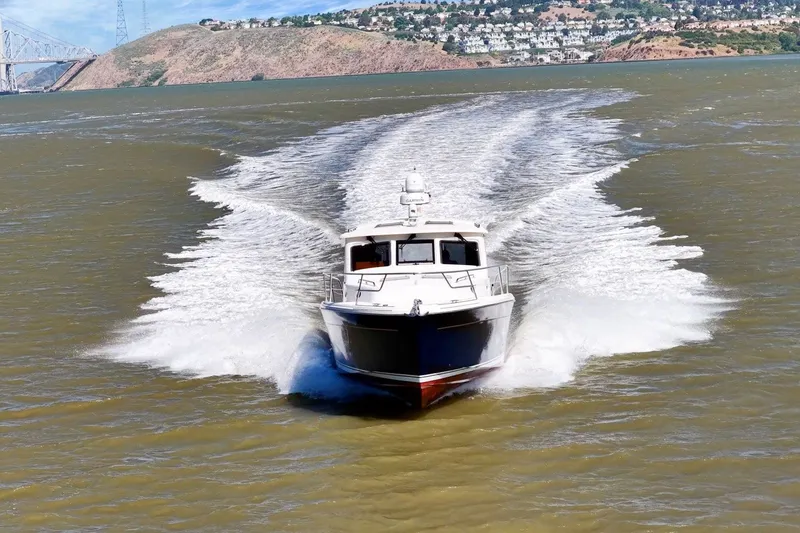 Slide: The Image of 2009 Rivolta Coupe 4.5 boat cruising on water with scenic hillside background. - 13
