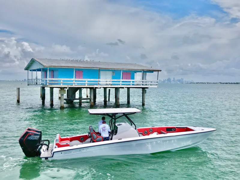 Slide: The Image of A modern white boat with red interior cruises on calm water past a colorful stilt house. - 0