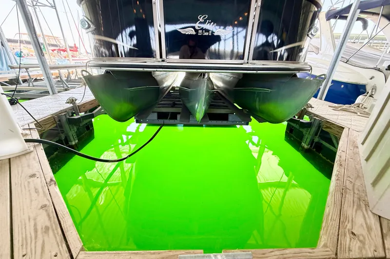Slide: The Image of 2017 Bentley Pontoons 223 Elite Cruise on vibrant green water at a dock. - 13