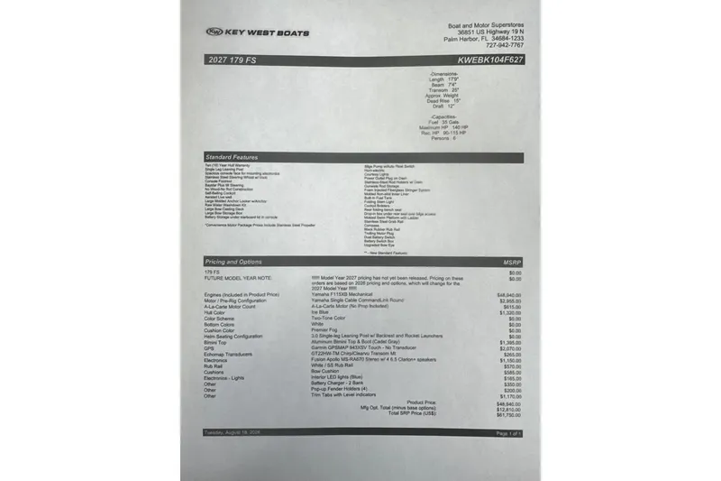 Slide: The Image of Key West 179 FS 2027 boat specifications and pricing details on a printed document. - 19