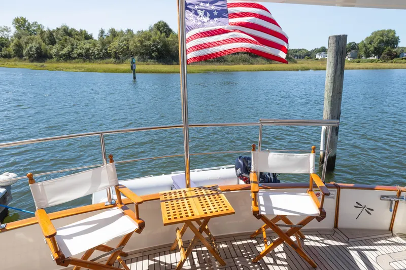 Slide: The Image of Deck of 2010 Grand Banks 41 Heritage EU yacht with chairs and American flag. - 42