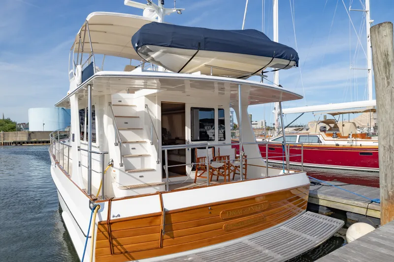 Slide: The Image of 2010 Grand Banks 41 Heritage EU yacht docked, featuring spacious deck and elegant design. - 41