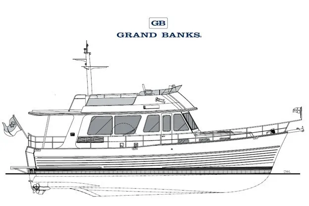 Slide: The Image of Line drawing of 2010 Grand Banks 41 Heritage EU yacht, side profile view. - 44