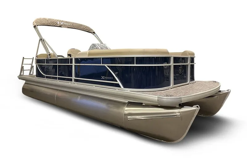 The Image of 2027 Godfrey EX 2086 SBX pontoon boat with beige canopy and sleek design. - 1