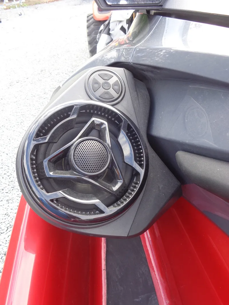 Slide: The Image of Close-up of a speaker on a Sea-Doo jet ski, model RXT-X 325 Tech Package, year 2024. - 14