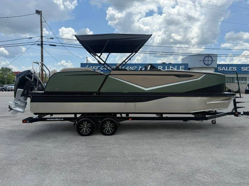 Slide: The Image of A 2027 Flamingo ROVE 245 on a trailer. It features a modern design and a large sunshade. - 25
