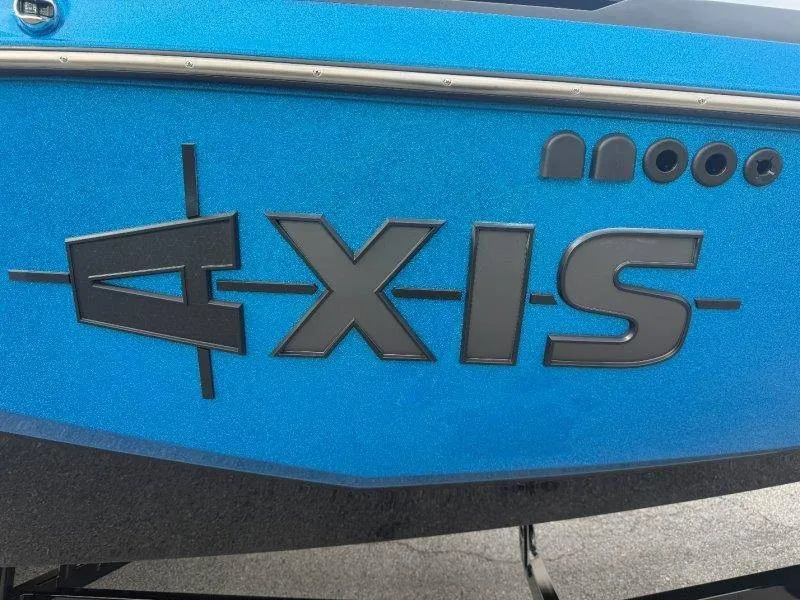 Slide: The Image of Close-up of the blue Axis A245 boat hull with Axis logo. - 20