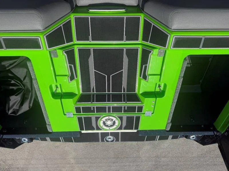 Slide: The Image of Green and black design on the rear of a boat with storage compartments. - 42