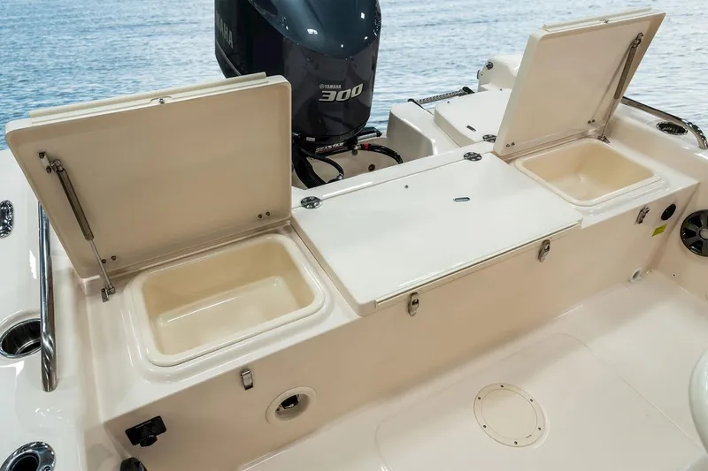 Slide: The Image of Manufacturer Provided Image: 2023 Grady-White 251 Coastal Explorer boat with open storage compartments and Yamaha 300 engine. - 8