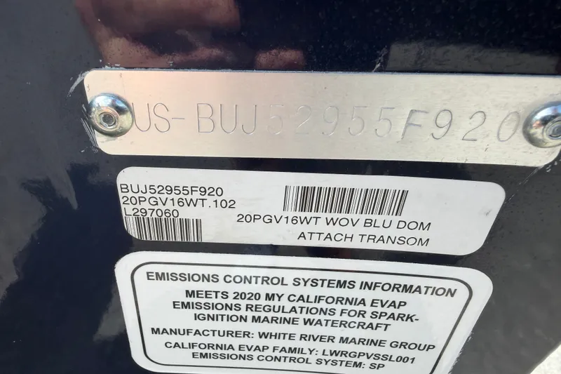 Slide: The Image of 2020 Tracker Pro Guide V-16 WT boat identification and emissions control labels. - 14
