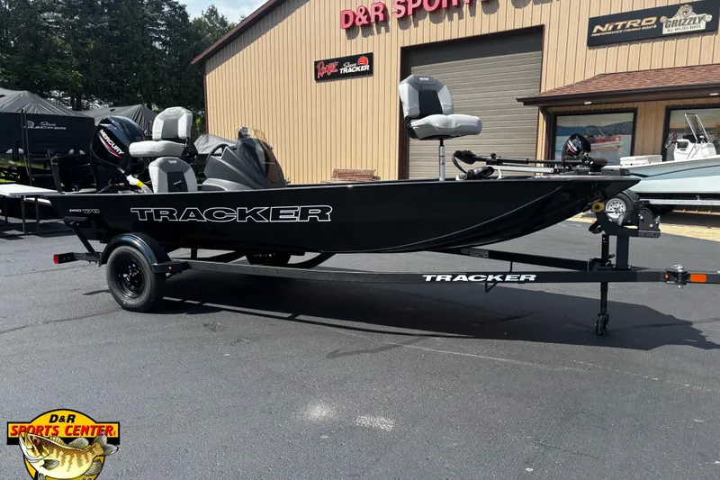 The Image of 2027 Tracker Pro 170 boat at D&R Sports Center, featuring sleek black design and Mercury engine. - 0