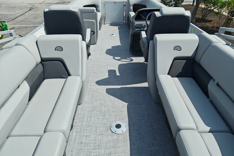 Slide: The Image of 2027 Sun Tracker Party Barge 22 DLX interior with spacious seating and modern design. - 24