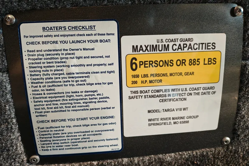 Slide: The Image of Boater's checklist and capacity label for 2027 Tracker Targa V-18 WT boat. - 16
