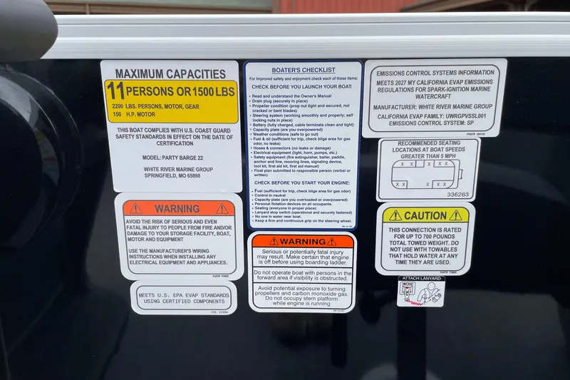 Slide: The Image of Warning labels and capacity information on a boat. - 23