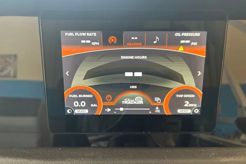 Slide: The Image of Dashboard display of 2027 Sun Tracker Fishin' Barge 22 DLX showing fuel and speed metrics. - 13