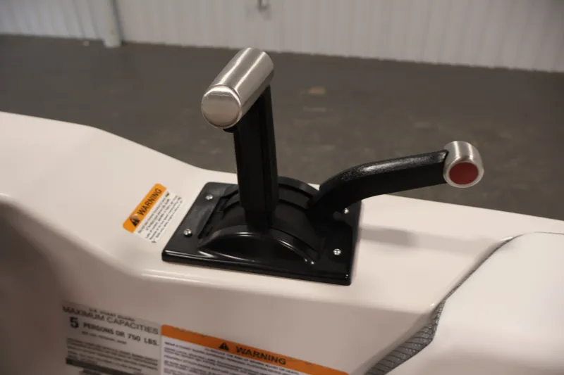 Slide: The Image of Control lever of a 2019 Scarab 165 G boat, featuring warning labels. - 20