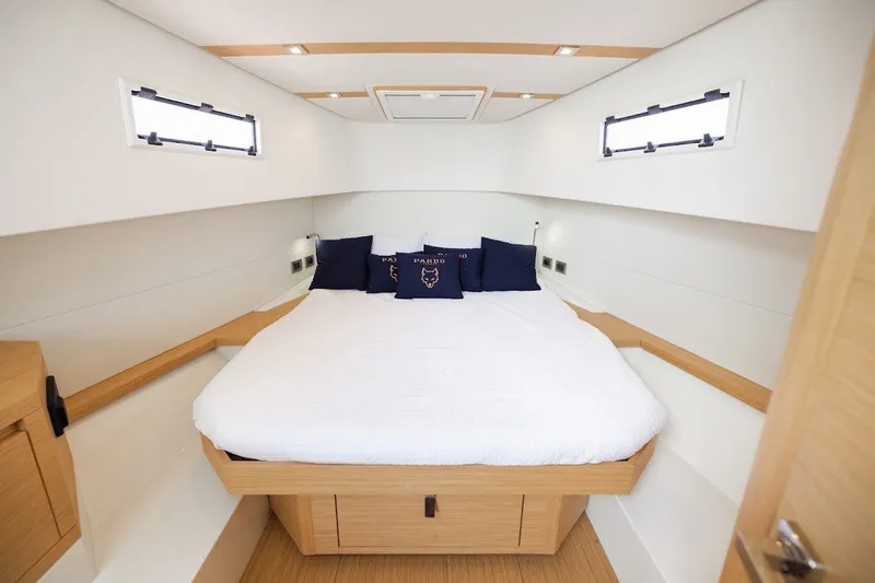 Slide: The Image of Luxurious cabin interior of 2021 Pardo Yachts P38 with cozy bedding and modern design. - 34