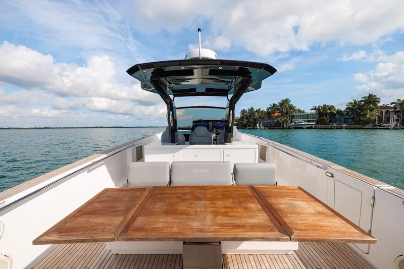 Slide: The Image of 2021 Pardo Yachts P38 on water, featuring spacious deck and elegant design. - 44
